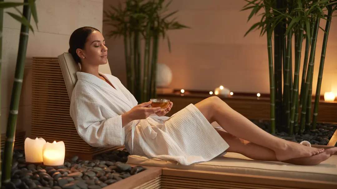 Cliente d'hôtel profitant d'un moment de détente dans un espace bien-être.